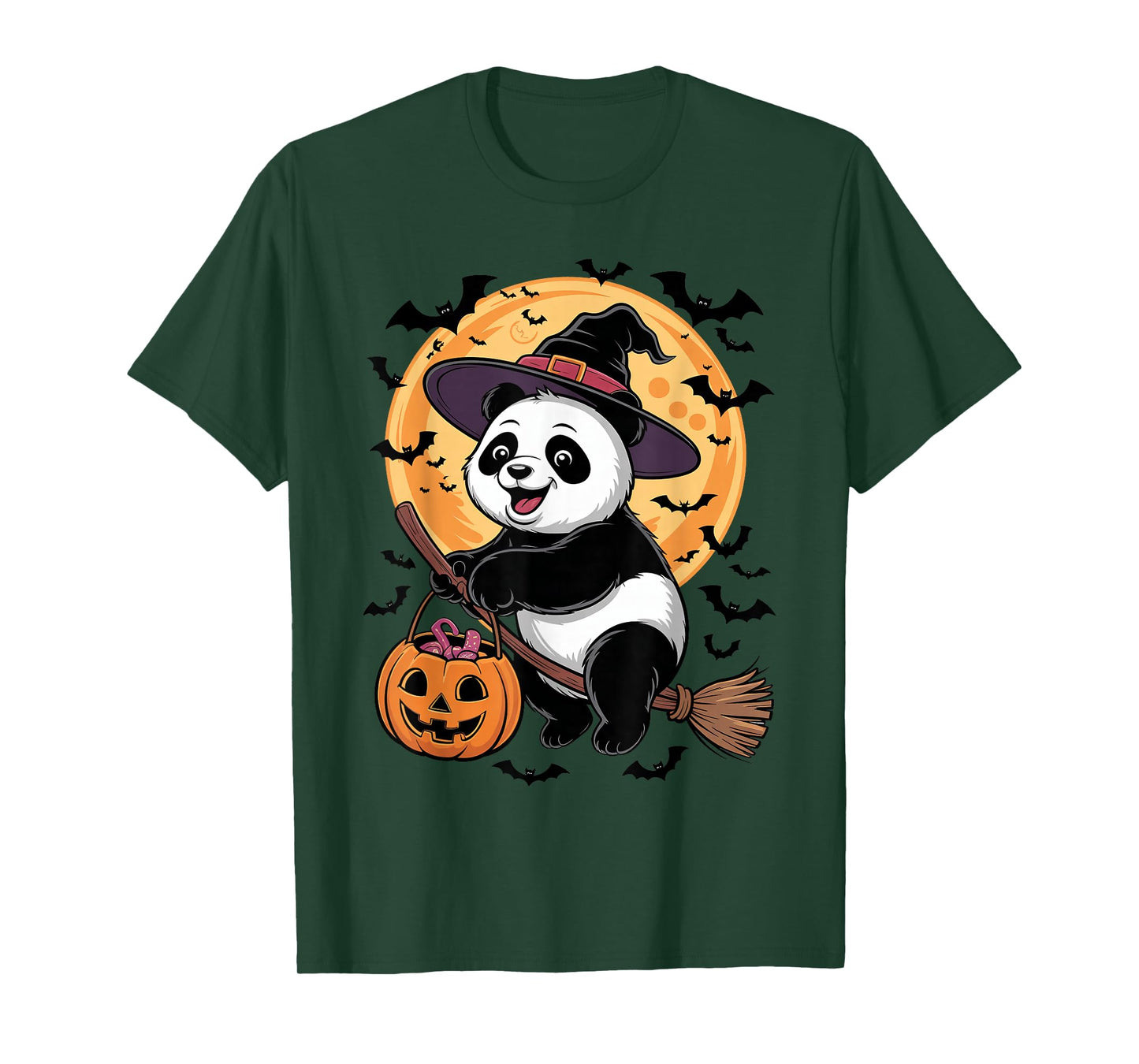Panda in Witch Hat on a Broom Halloween Spooky Costume T-Shirt