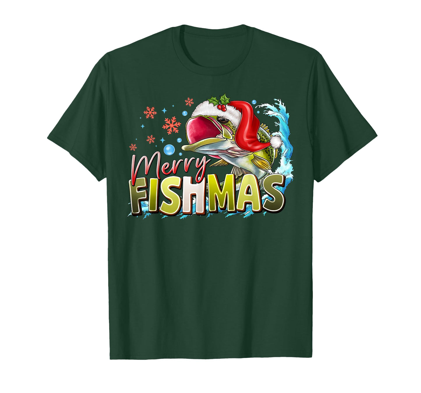 Funny Merry Fishmas Christmas Fisherman Bass Santa Hat T-Shirt