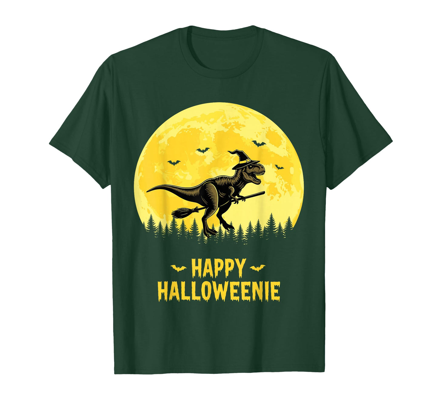 Happy Halloweenie Funny Dinosaur T Rex Flying Witch T-Shirt