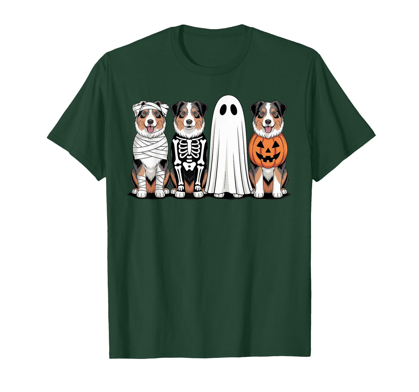 Spooky Ghost Australian Shepherd Pumpkin Halloween Skeleton T-Shirt