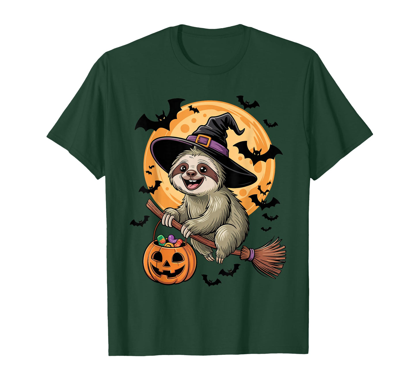 Sloth in Witch Hat on a Broom Halloween Spooky Costume T-Shirt