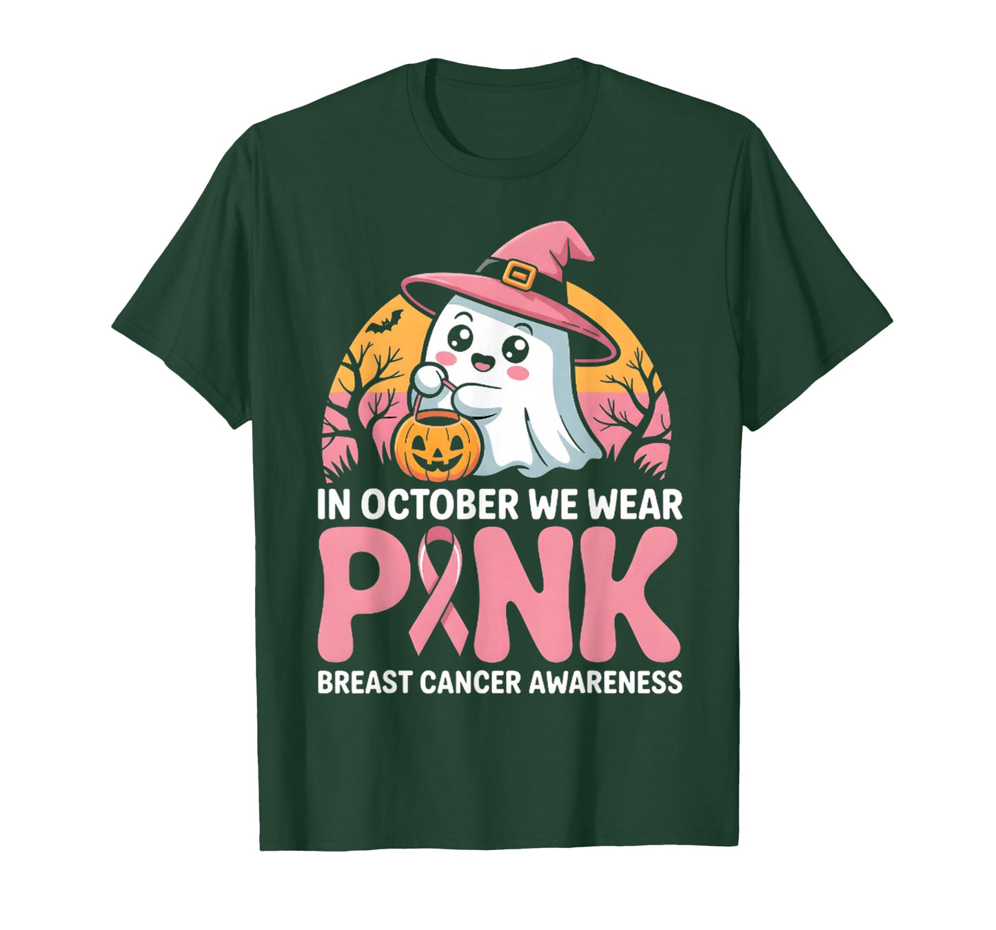 in October We Wear Pink Ghost Witch Breast Cancer Awareness T-Shirt