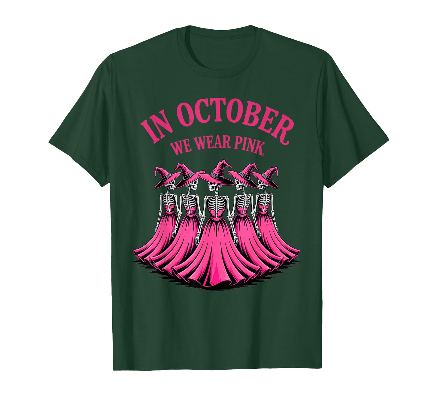 in October We Wear Pink Spooky Skeleton Halloween Vibes T-Shirt
