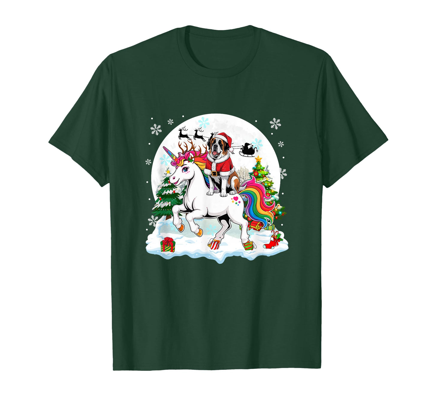 Santa St. Bernard Riding Unicorn Reindeer Christmas Owner T-Shirt