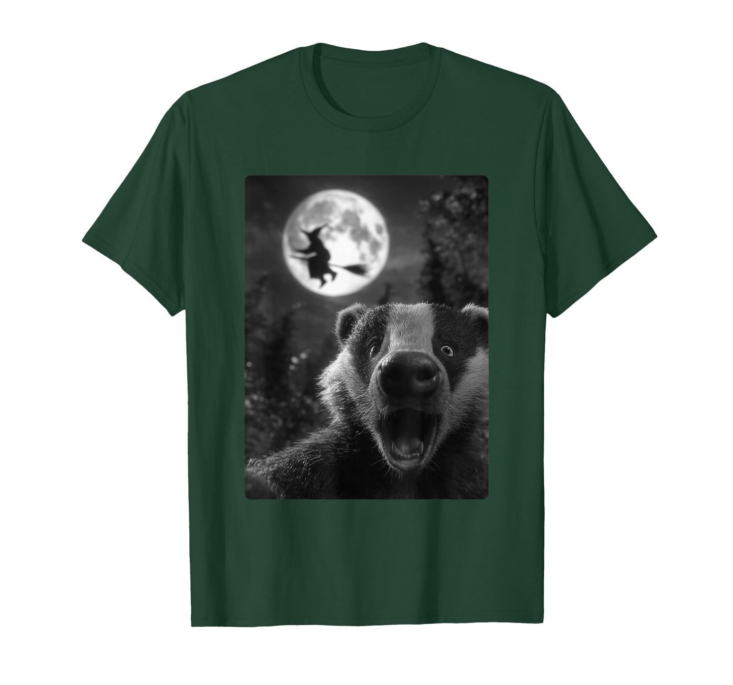 Funny Badger Selfie Full Moon Flying Witch Forest Halloween T-Shirt
