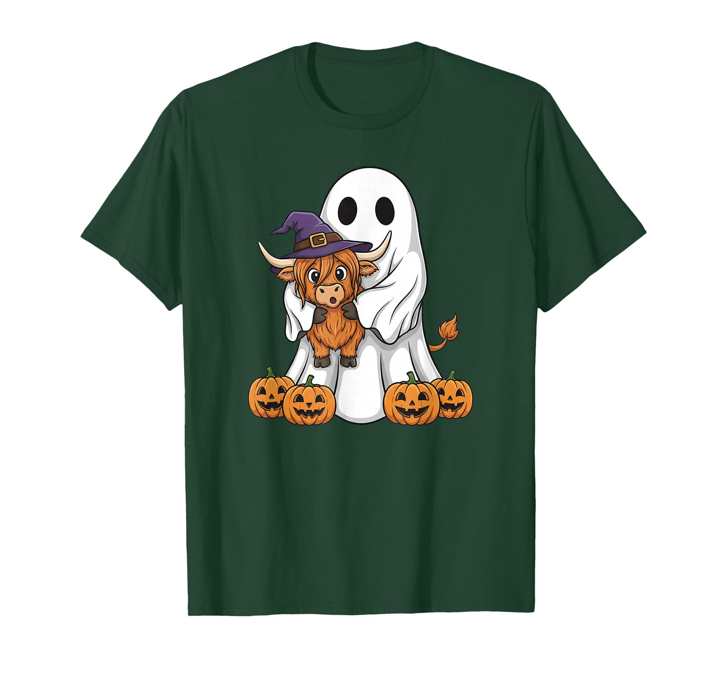 Funny Ghost Highland Cow Pumpkin Halloween Kids Mens Womens T-Shirt