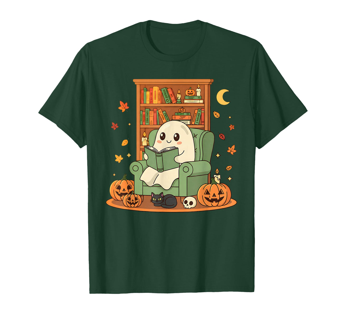 Ghost Library Reading Books Halloween Men Women Kids T-Shirt