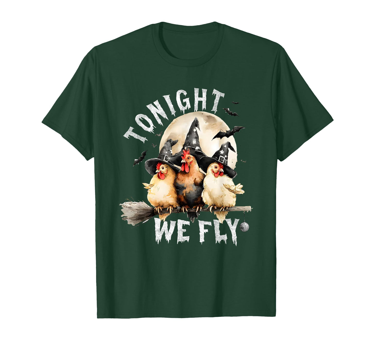 Tonight We Fly Halloween, Retro Chicken Witches Hat Broom T-Shirt