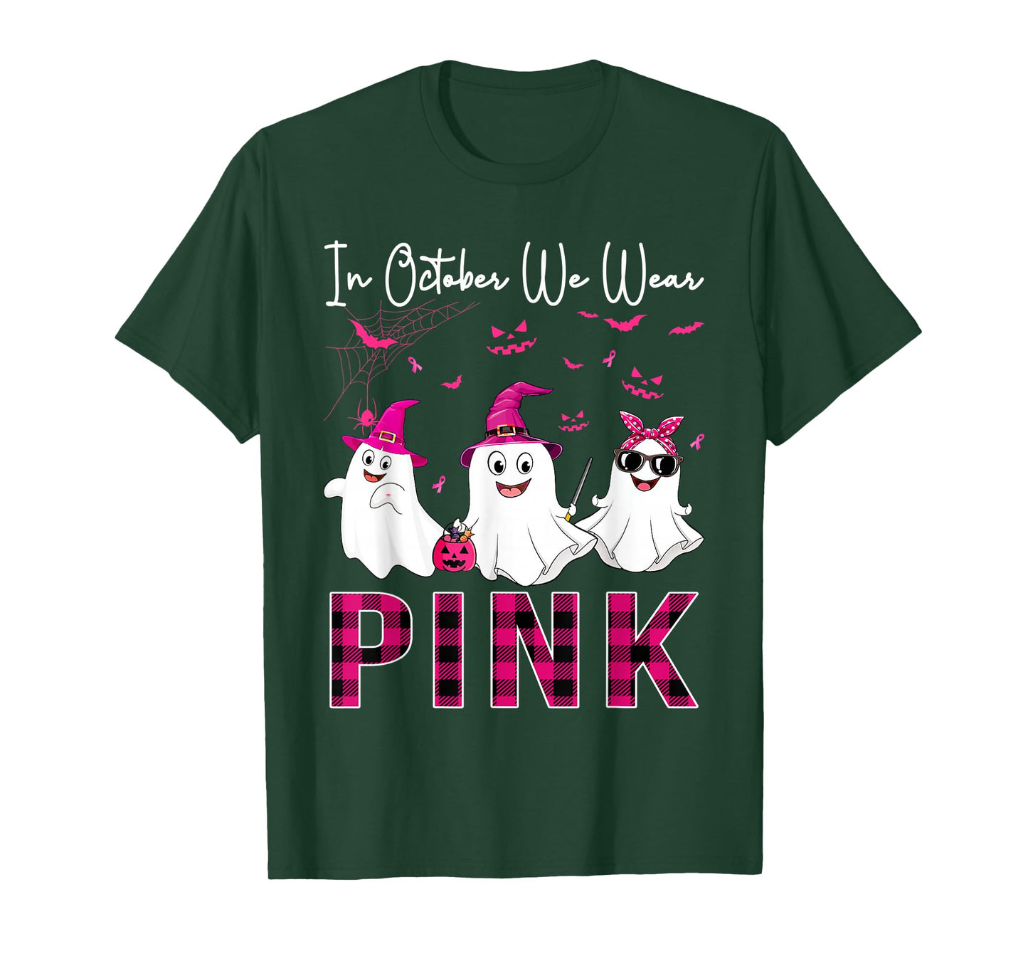 in October We Wear Pink Ghost Witch Breast Cancer Awareness T-Shirt