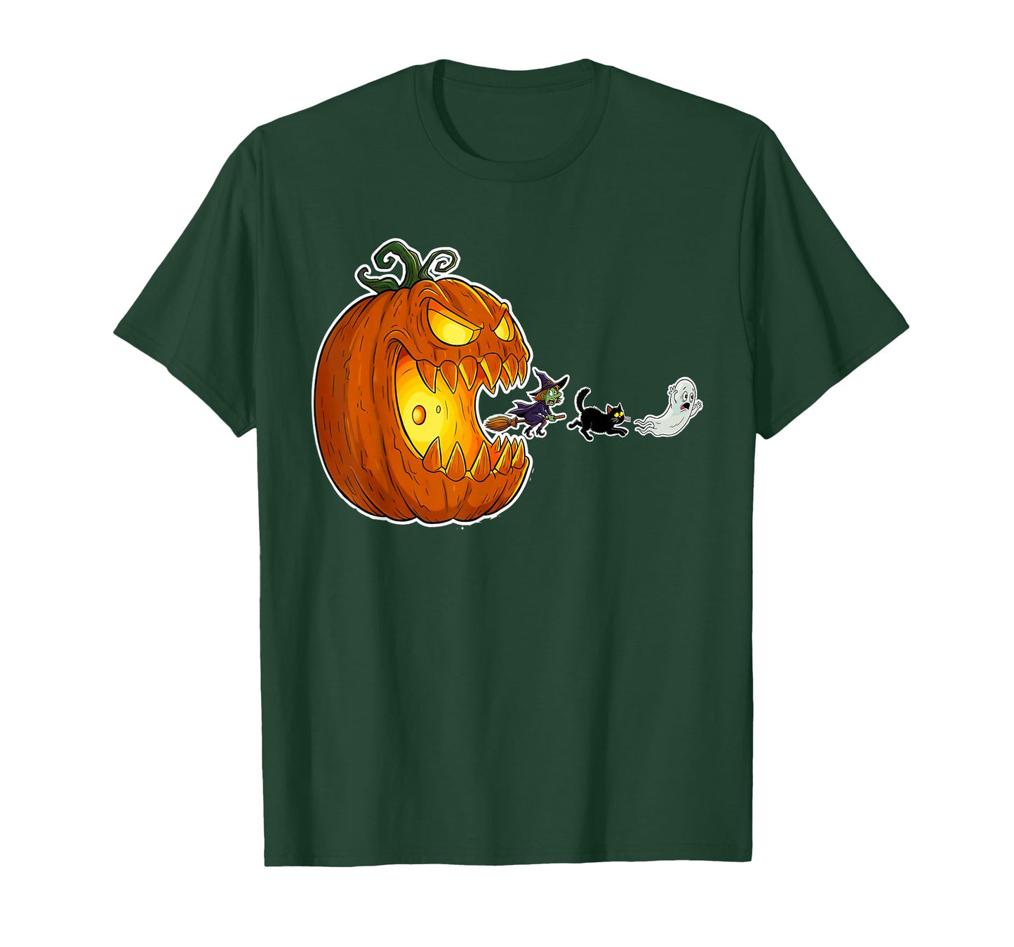 Halloween Jack O Pumpkin Chasing Ghost Cat Broomstick Chick T-Shirt