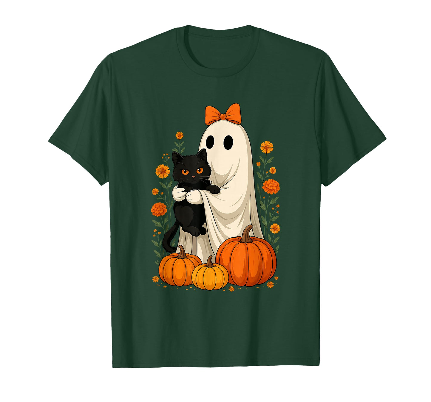 Halloween Ghost Holding Black Cat Groovy Floral Pumpkin T-Shirt