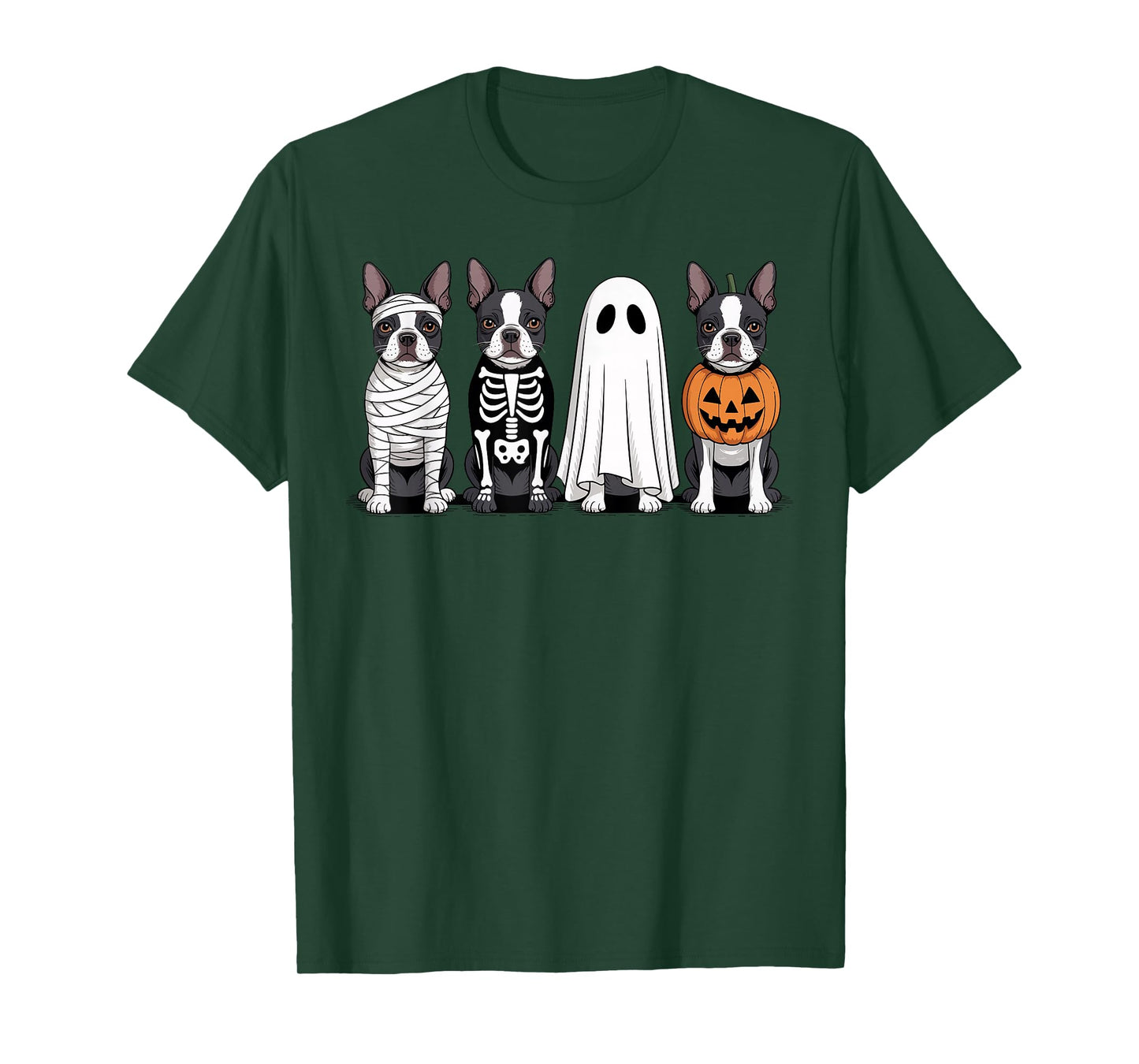 Spooky Ghost Boston Terrier Pumpkin Halloween Dog Skeleton T-Shirt