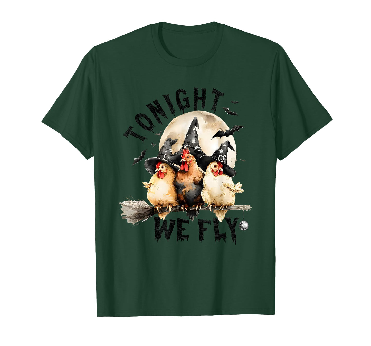 Tonight We Fly Halloween, Retro Chicken Witches Hat Broom T-Shirt