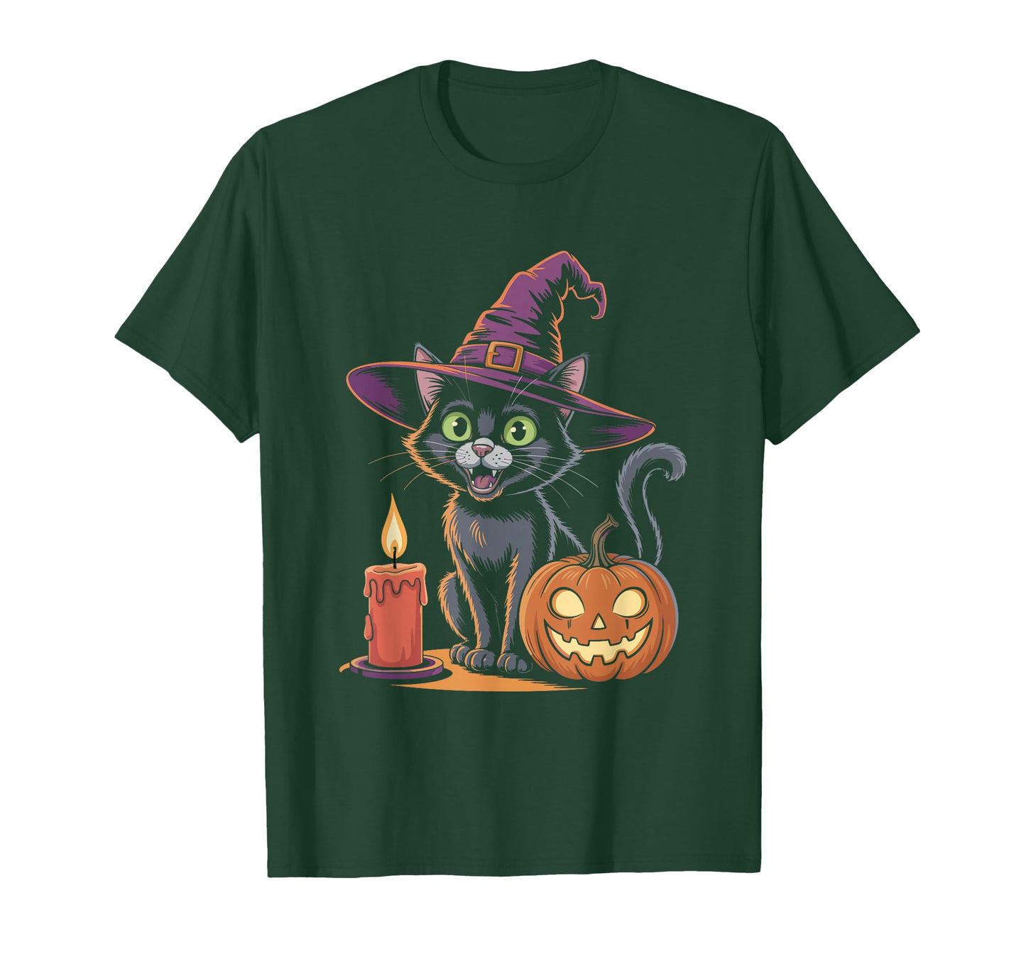 Cute Black Cat Witch Hat Halloween Design T-Shirt