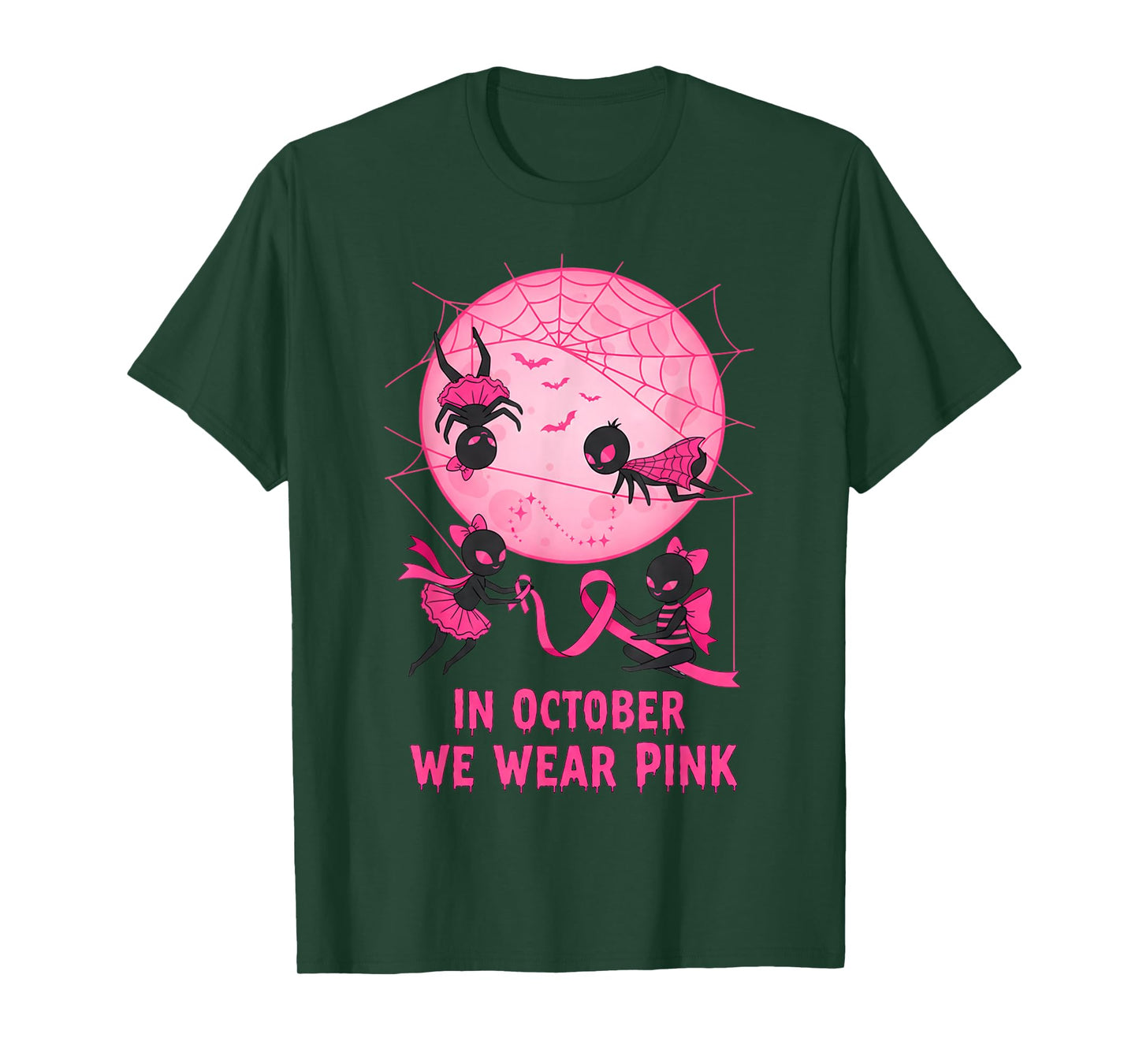 October We Wear Pink Spider Witch Halloween Breast Cancer T-Shirt