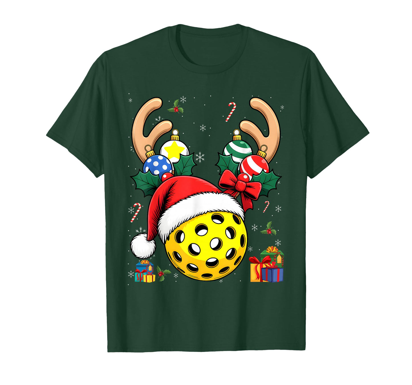 Xmas Reindeer Santa Hat Pickleball Christmas T-Shirt