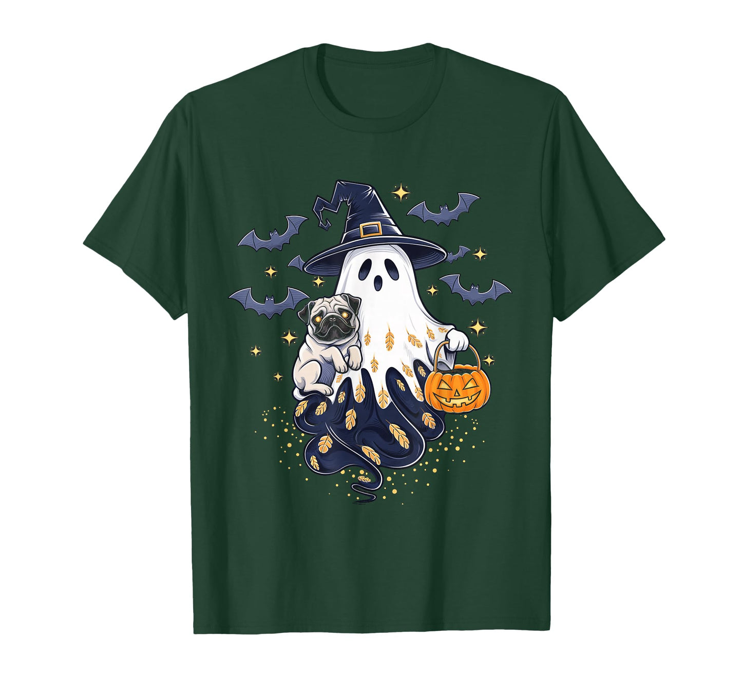 Funny Ghost Witch Holding Pug Pumpkins Vintage Halloween T-Shirt