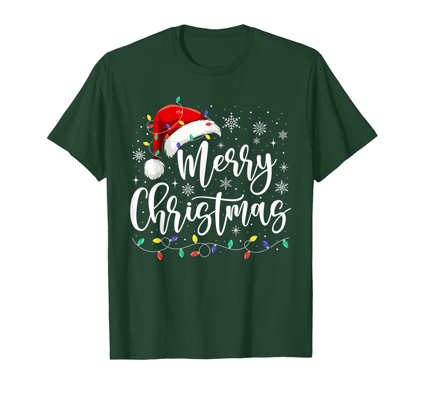 Merry Christmas Lights Red Santa Hat Xmas Family Men Women T-Shirt