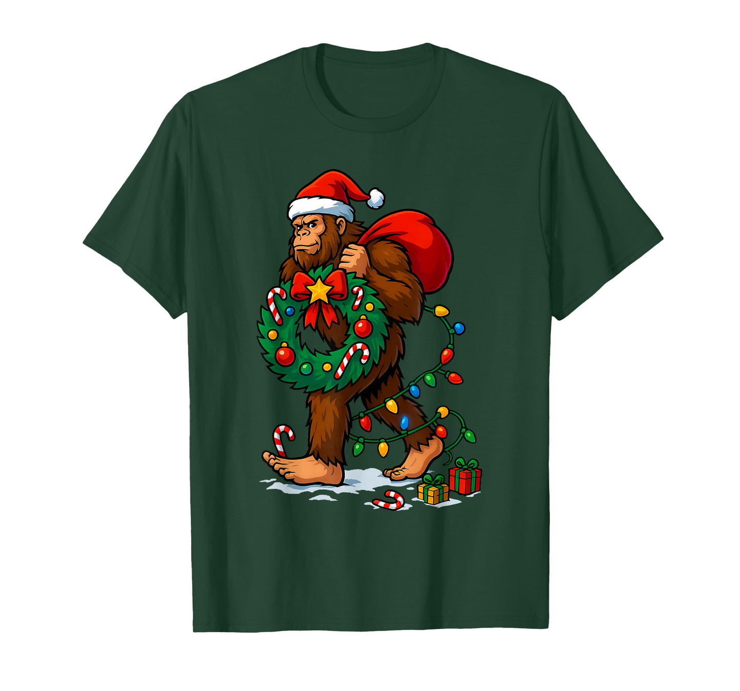 Bigfoot Tree Christmas Lights Snowflake Holiday Candy Xmas T-Shirt