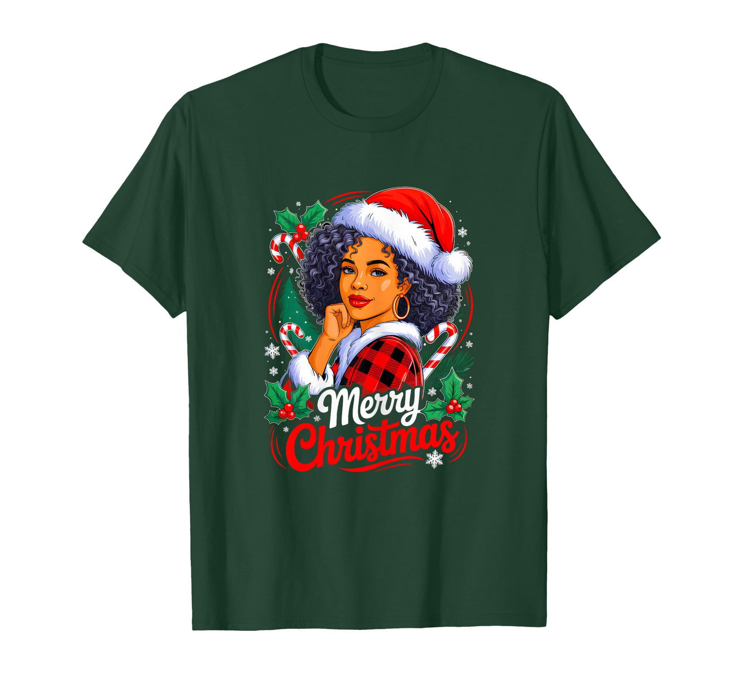 Merry Christmas Black African Girl Santa Hat Xmas Pajamas T-Shirt