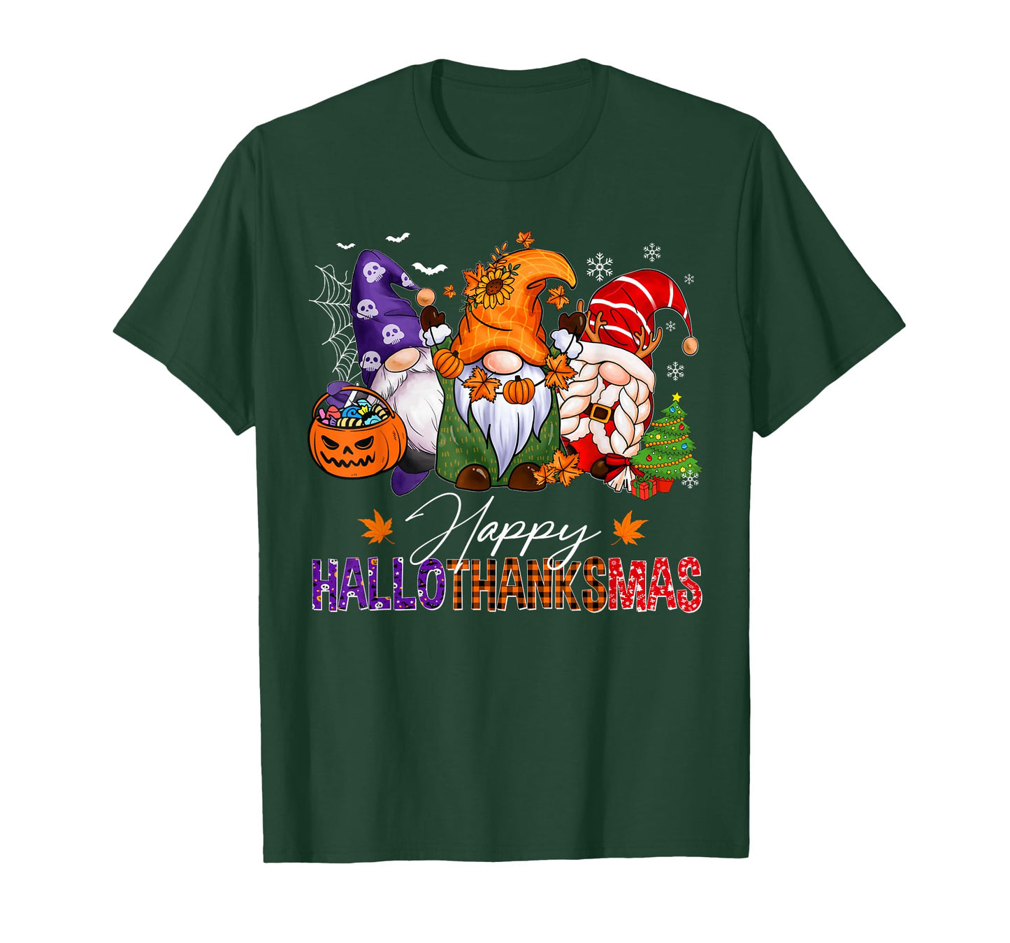 HalloThanksMas Gnomes Halloween Thanksgiving Christmas Happy T-Shirt