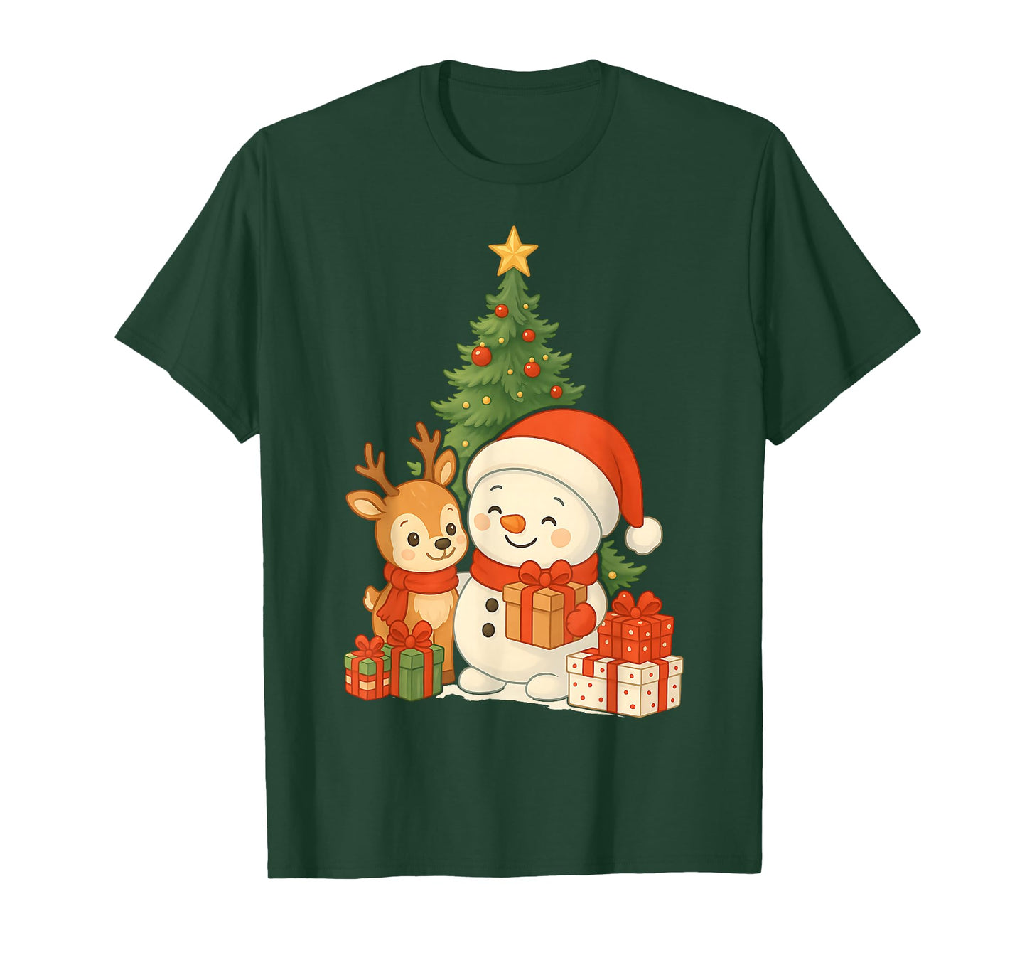 Cute Christmas Snowman and Reindeer with Xmas Tree T-Shirt