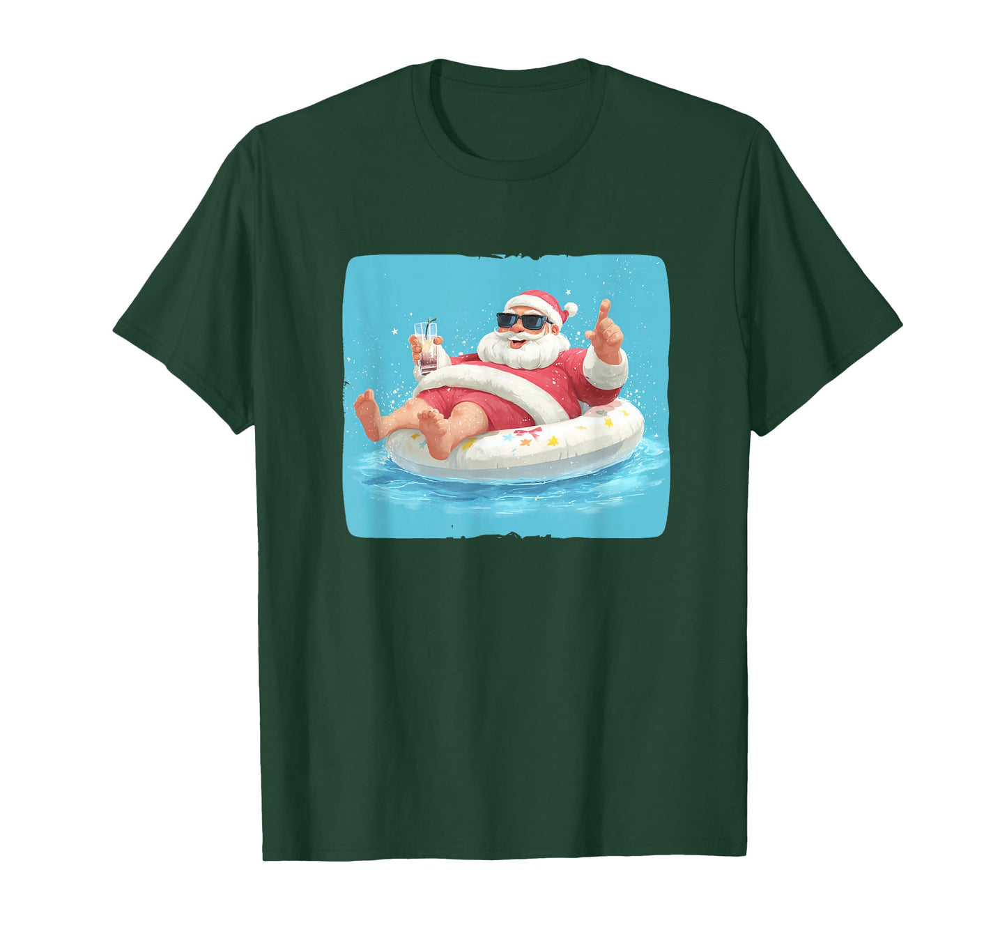 Festive Holiday with This Lazy Cocktail Santa in Pool Ring T-Shirt
