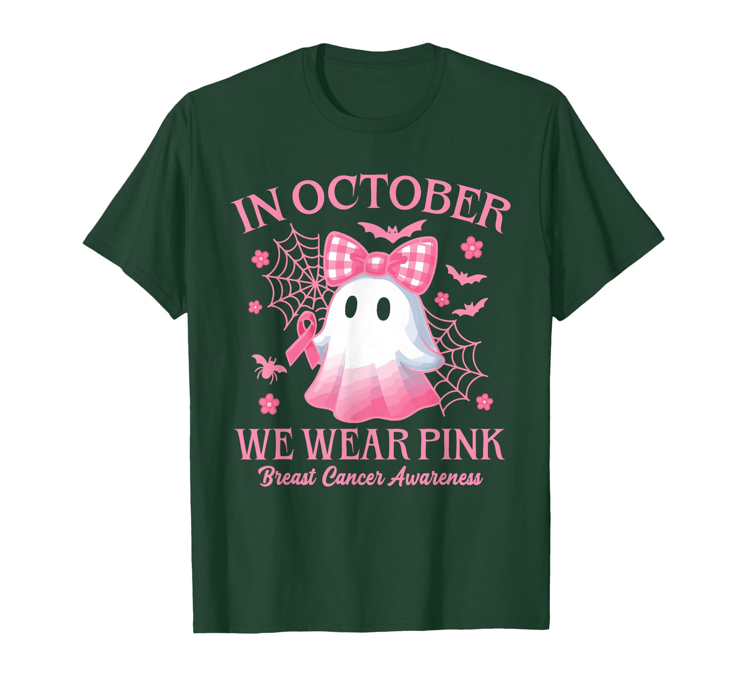 in October We Wear Pink Ghost Witch Breast Cancer Awareness T-Shirt