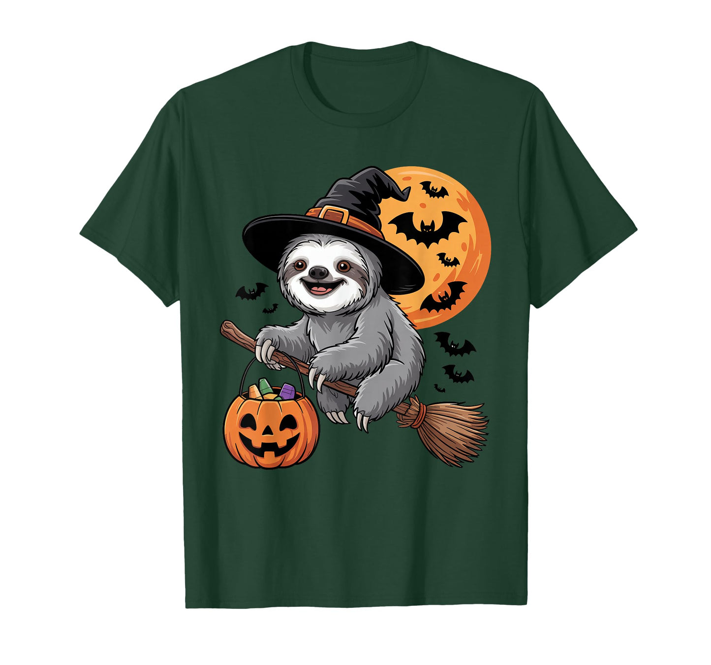 Halloween Sloth Witch Hat and Broom Pumpkin Candy Bucket T-Shirt