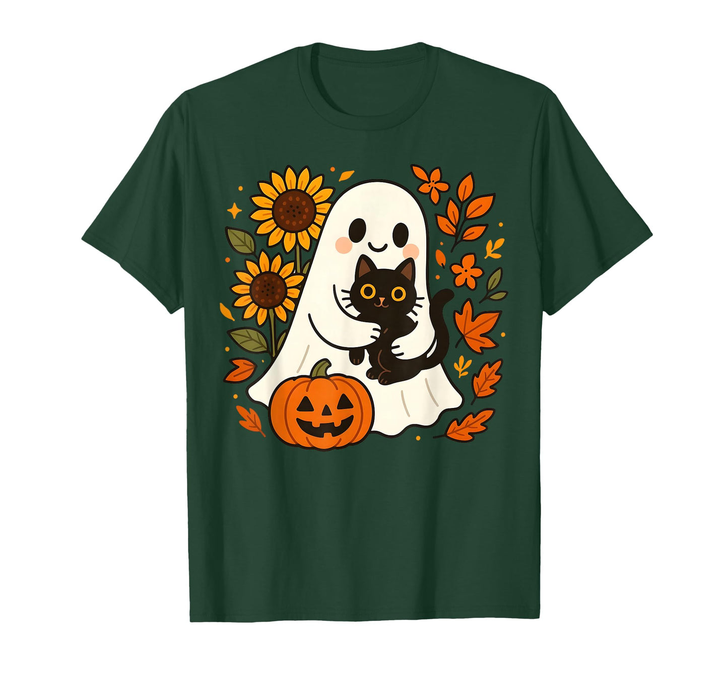 Vintage Halloween Ghost Holding Black Cat Groovy Floral T-Shirt