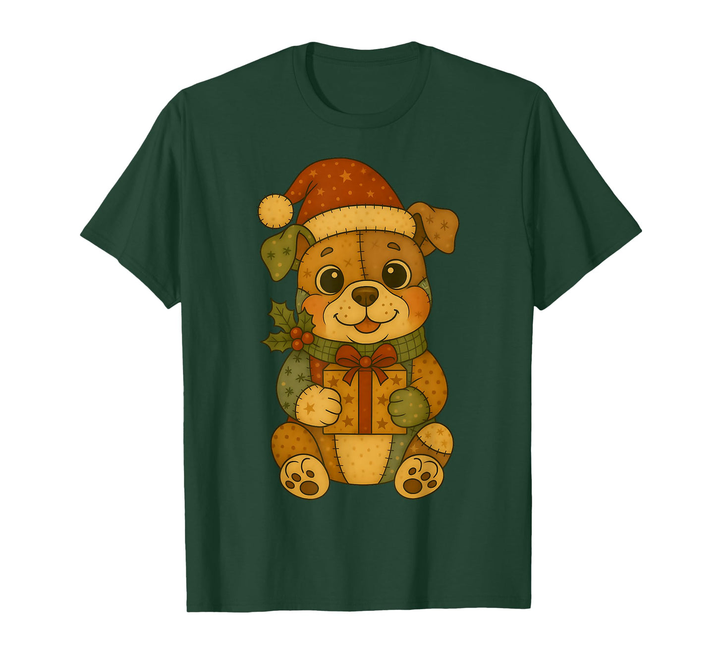 Patchwork Bulldog Dog in Santa Hat for Christmas T-Shirt