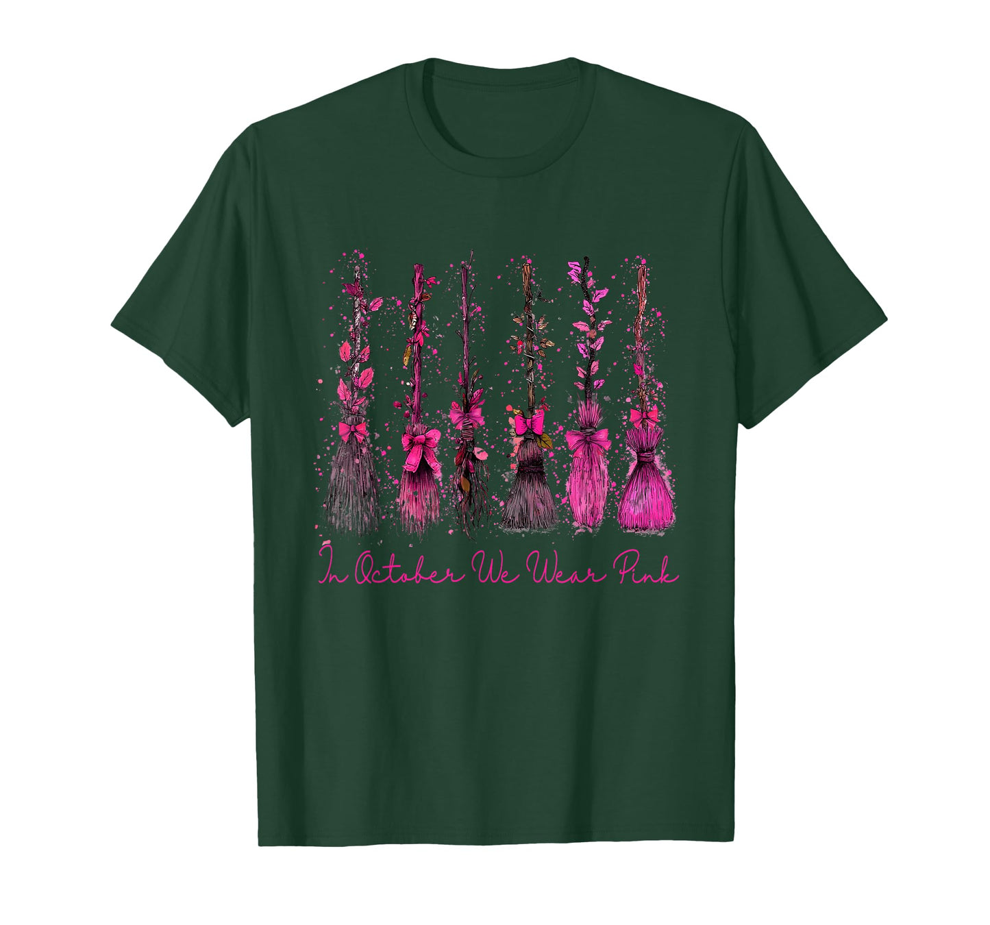in October We Wear Pink Witch Stick Breast Cancer Awareness T-Shirt