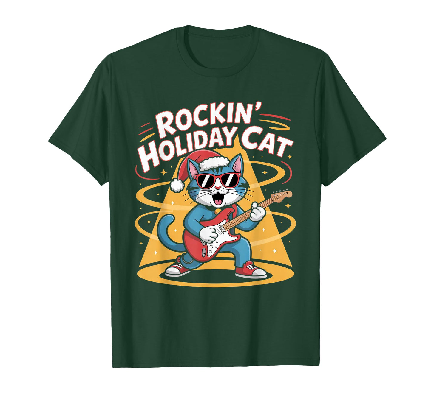 Christmas Santa Hat Cat Playing Guitar Rock and Roll T-Shirt