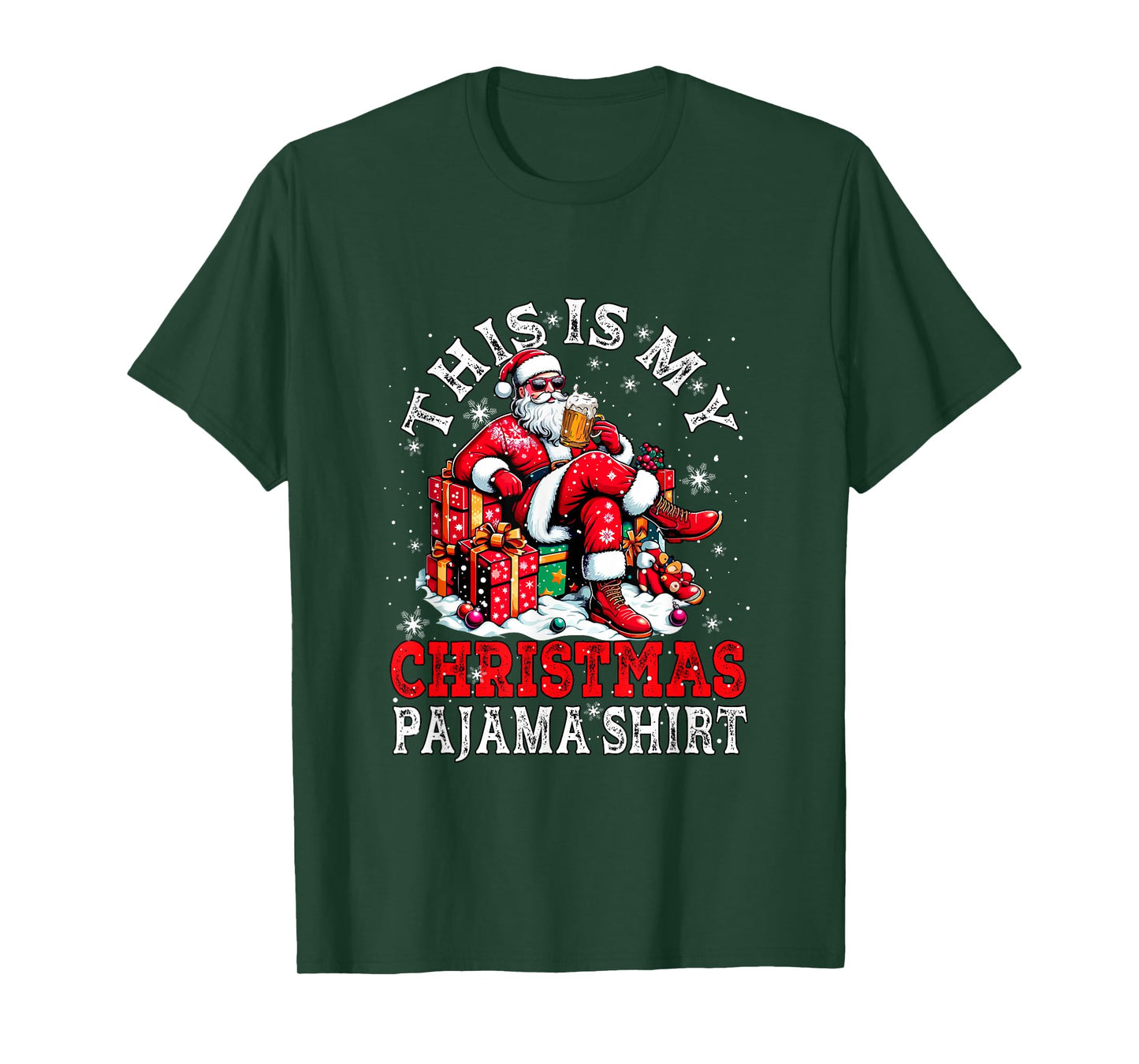 My Christmas Pajama Shirt Santa Sunglasses Drinking Beer T-Shirt