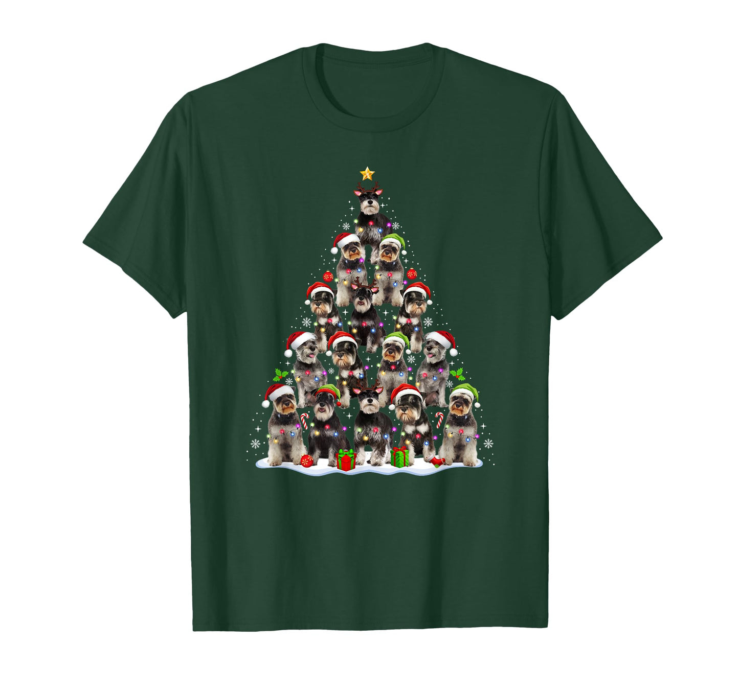 Schnauzer Dog Christmas Tree Lights Funny Xmas Dog Lover T-Shirt