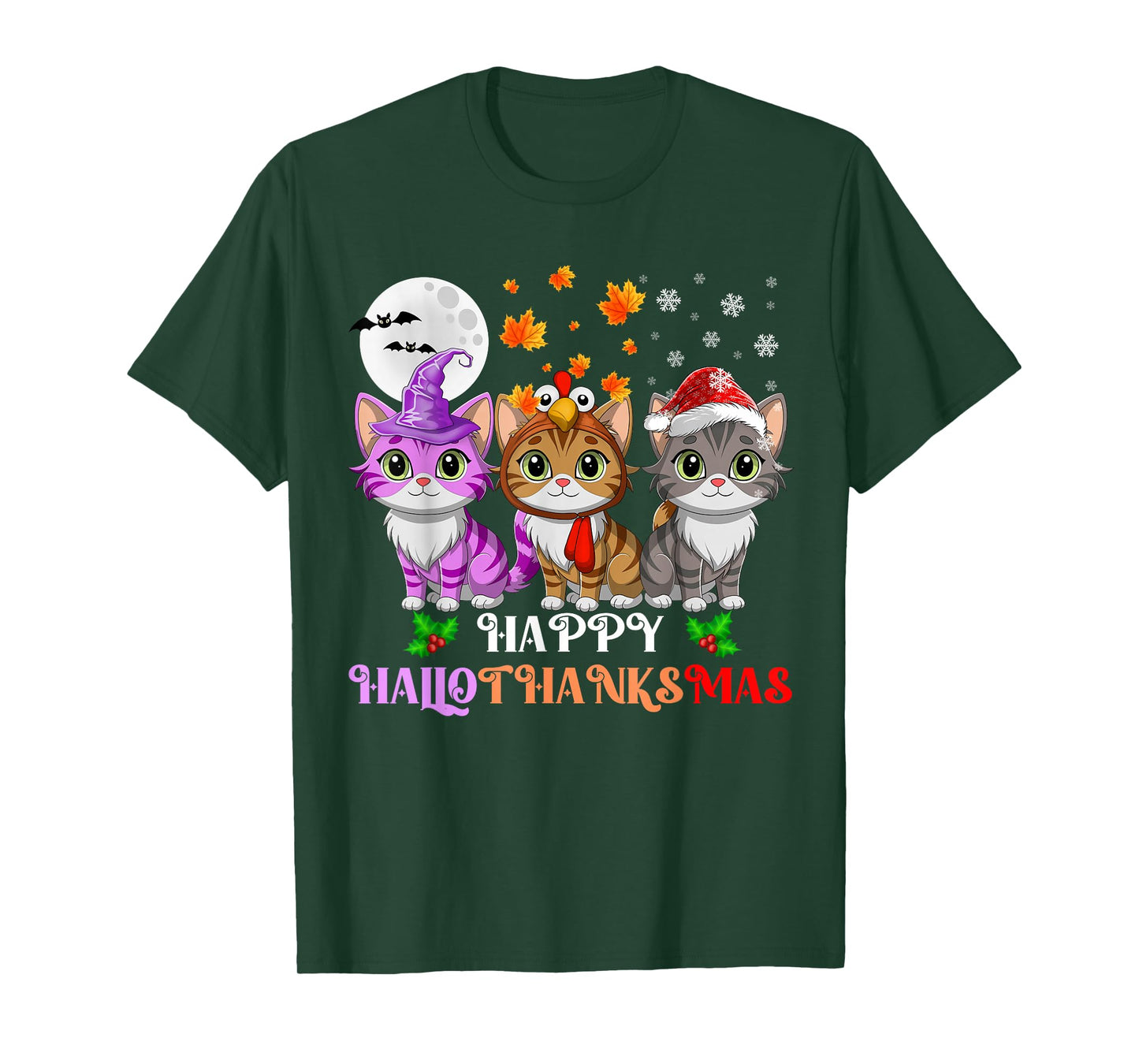 Happy HalloThanksMas Cats Halloween Thanksgiving Christmas T-Shirt