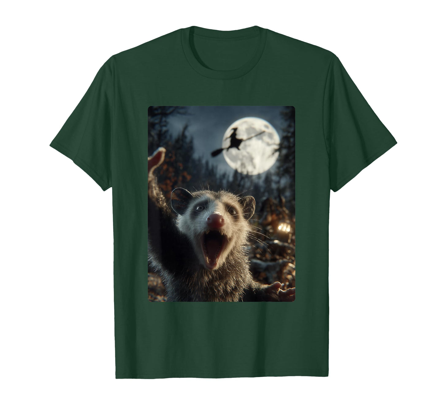 Funny Opossum Selfie Full Moon Flying Witch Forest Halloween T-Shirt