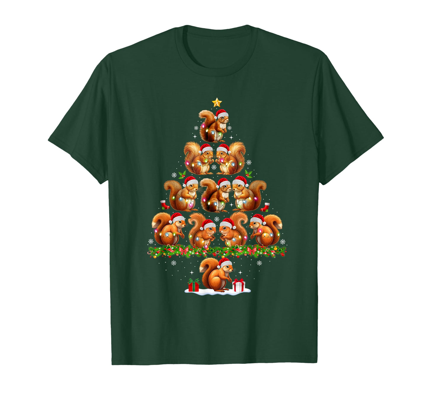Squirrel Christmas Tree Lights Funny Xmas Family Men Women T-Shirt