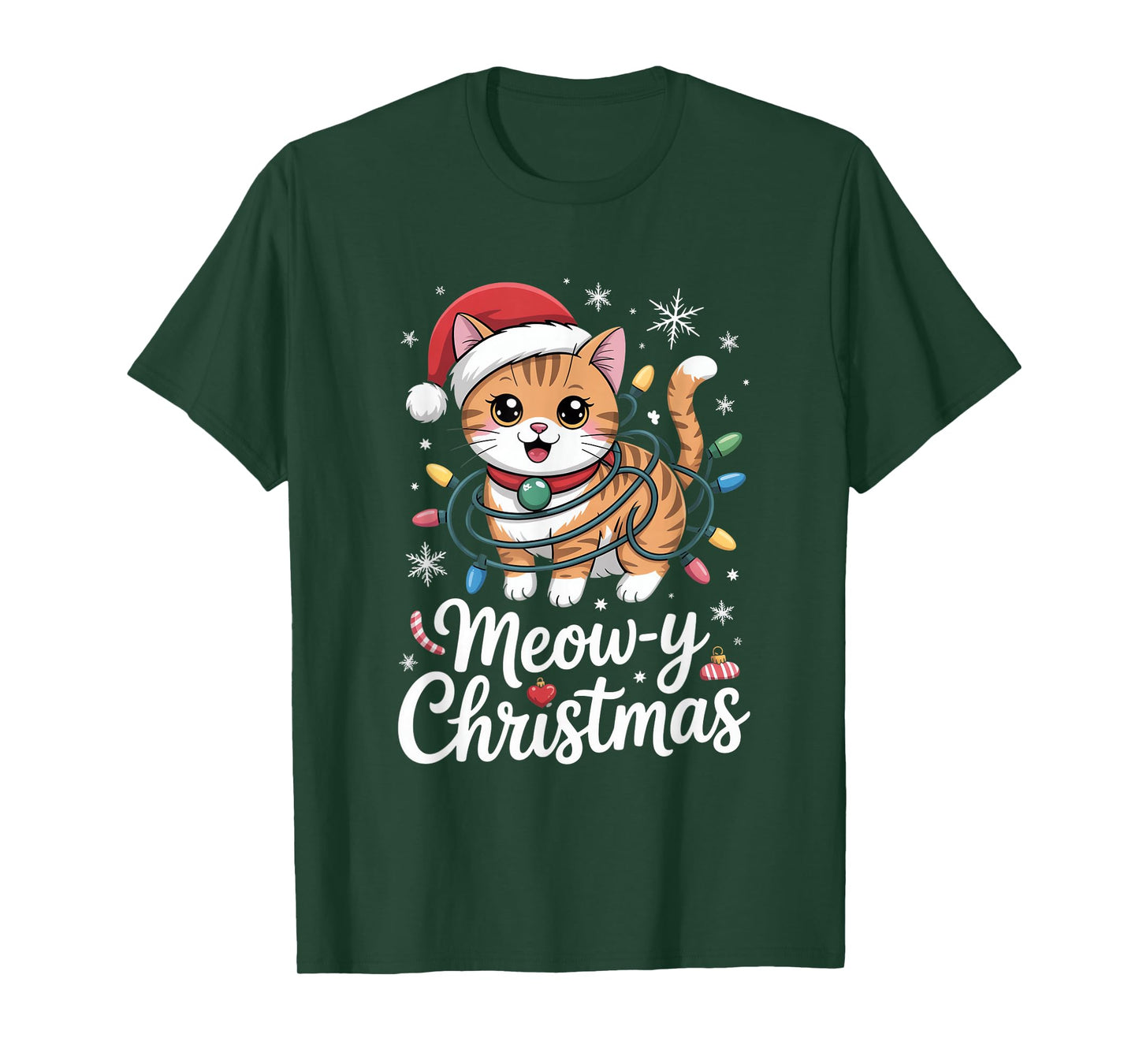 Meow Y Christmas Cute Cat with Santa Hat and Lights T-Shirt