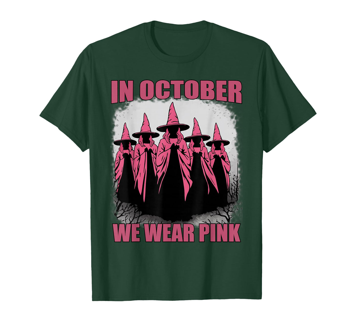 in October We Wear Pink Witch Halloween Breast Cancer T-Shirt