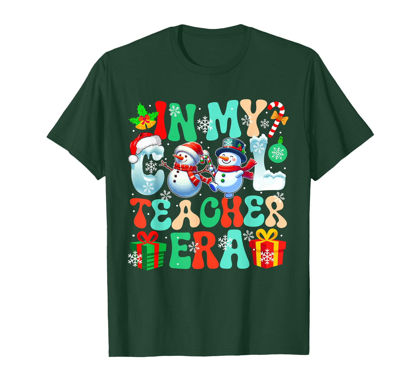 in Teacher Era Xmas Proud Job Santa Snowmen Colorful T-Shirt