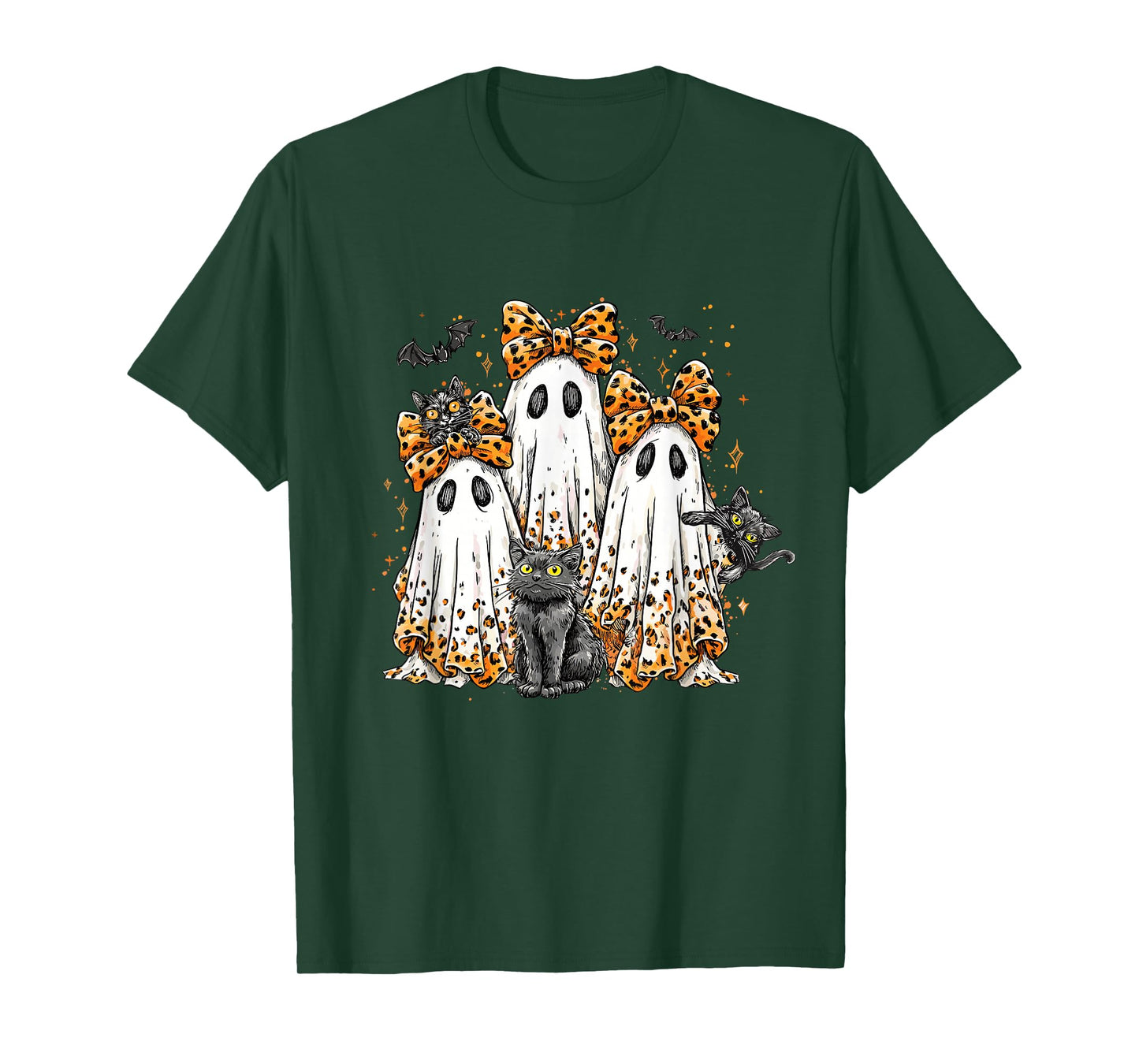 Coquette Leopard Ghost Halloween Black Cat Ghost Fall Vibes T-Shirt