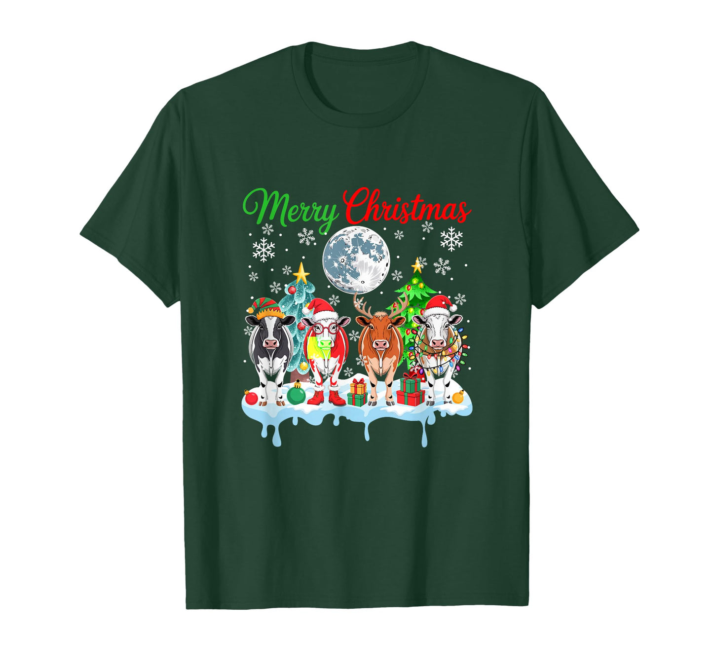 Merry Christmas Snow Group Santa Elf Reindeer Cows Farmer T-Shirt