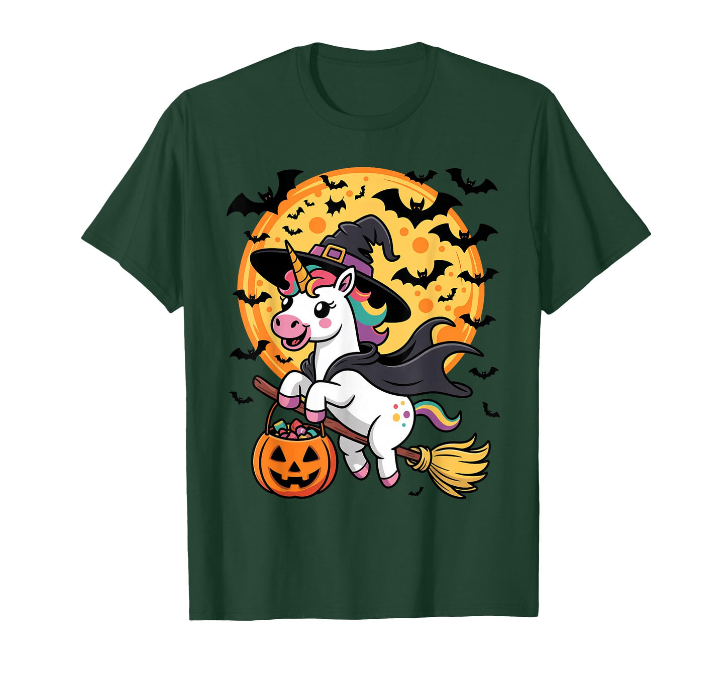 Cute Unicorn Witch Riding Broom Halloween Pumpkin Kids Boys T-Shirt