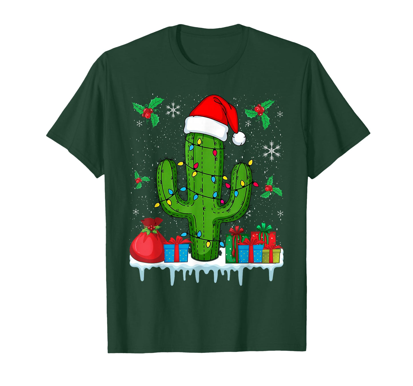 Funny Cactus Rocking Christmas with Santa Hat and Lights T-Shirt