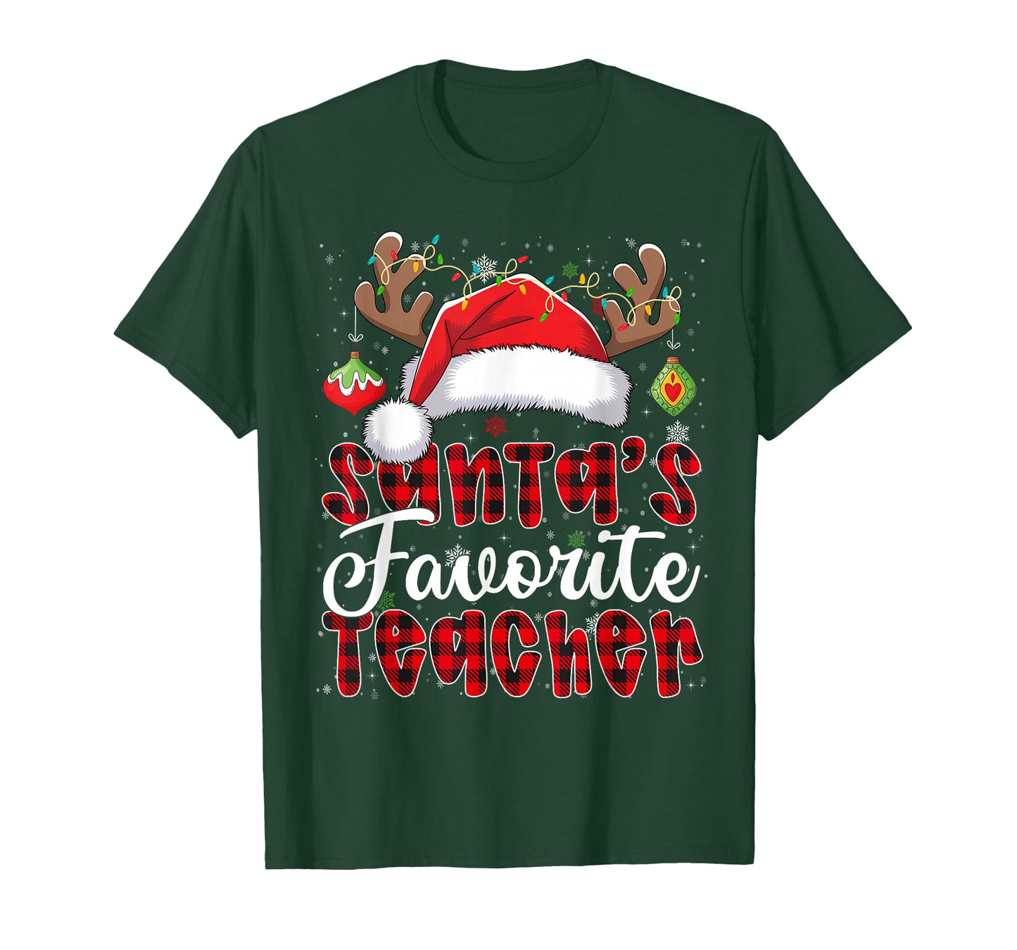 Santa's Favorite Teacher Christmas Santa Hat Reindeer T-Shirt