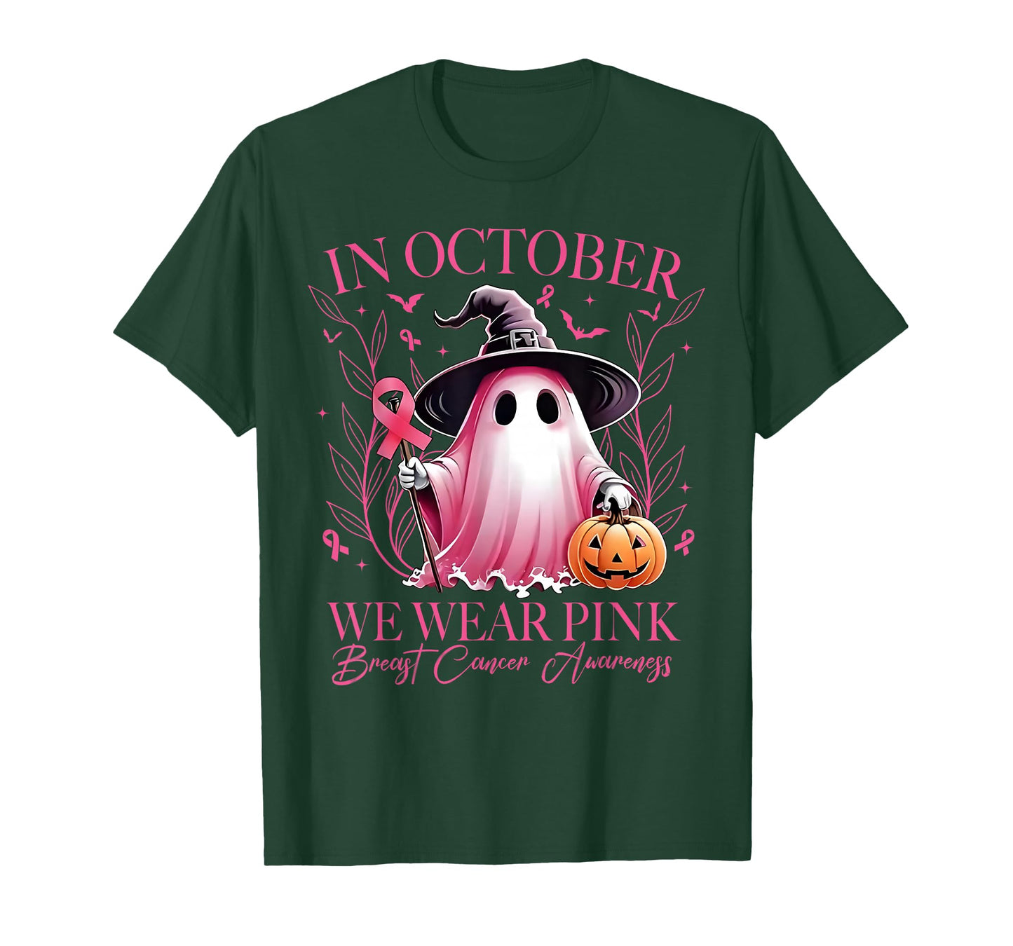 in October We Wear Pink Ghost Witch Breast Cancer Awareness T-Shirt