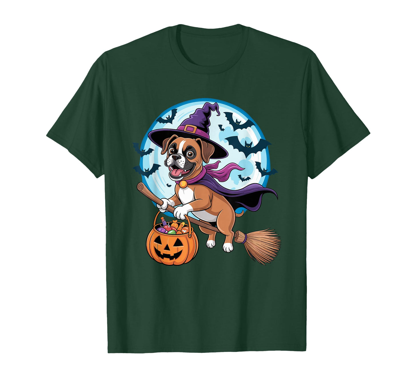 Halloween Witch Boxer Dog Moon T-Shirt