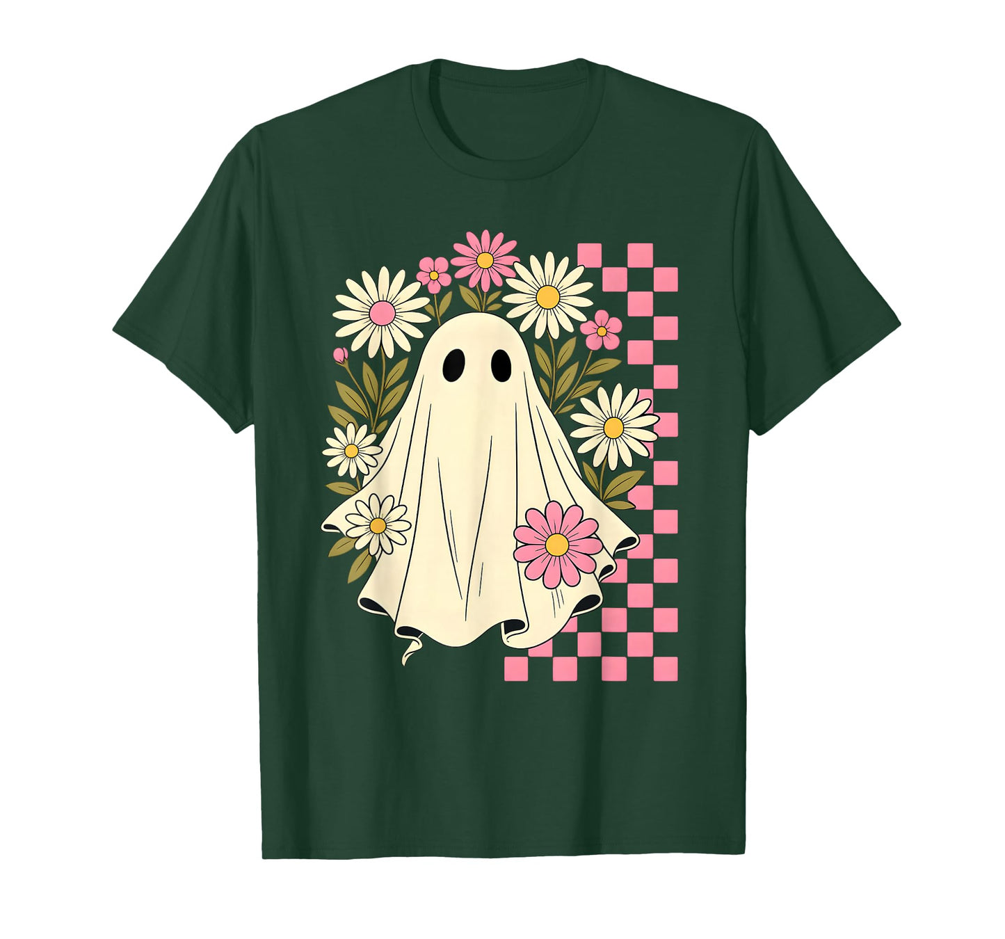 Vintage Pink Flowers Ghost Groovy Halloween Spooky Girls T-Shirt