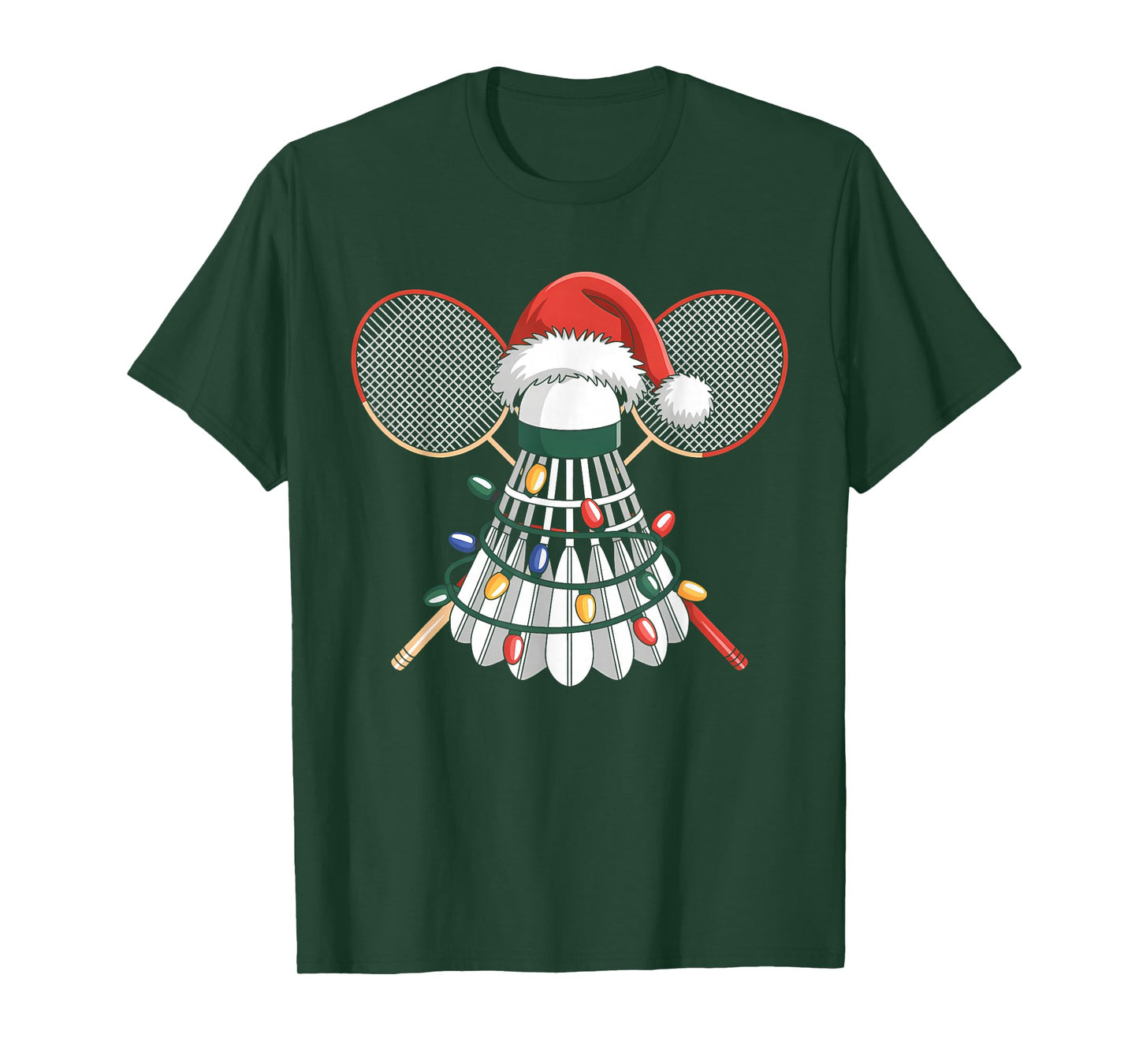 Funny Christmas Badminton Santa Hat Xmas Lights Holiday T-Shirt
